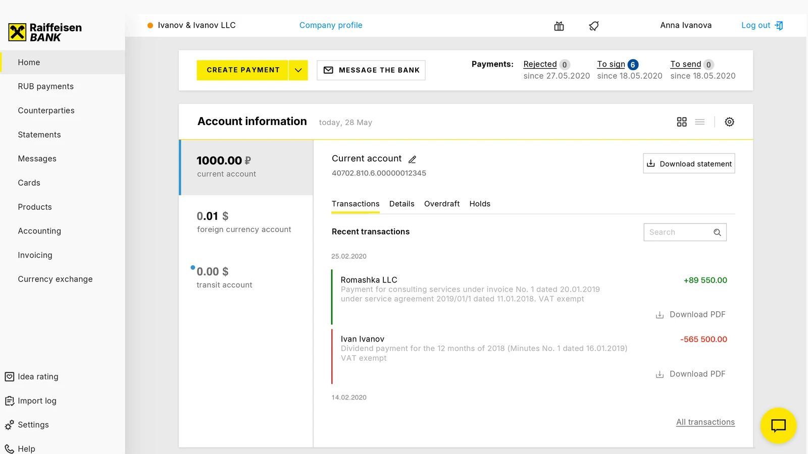 Contractor payments history on the Raiffeisen web app