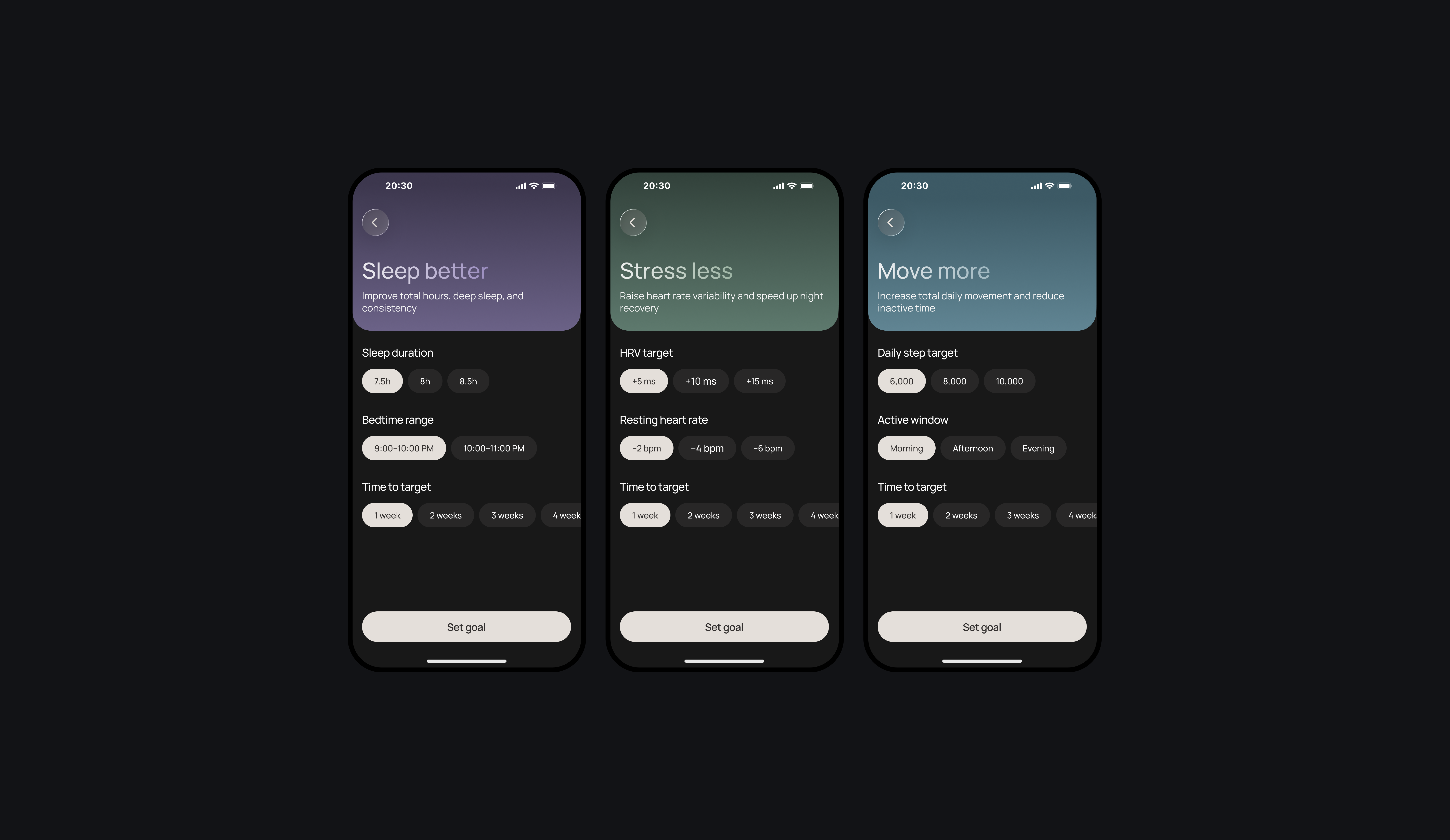 Sleep, stress and activity goal settings