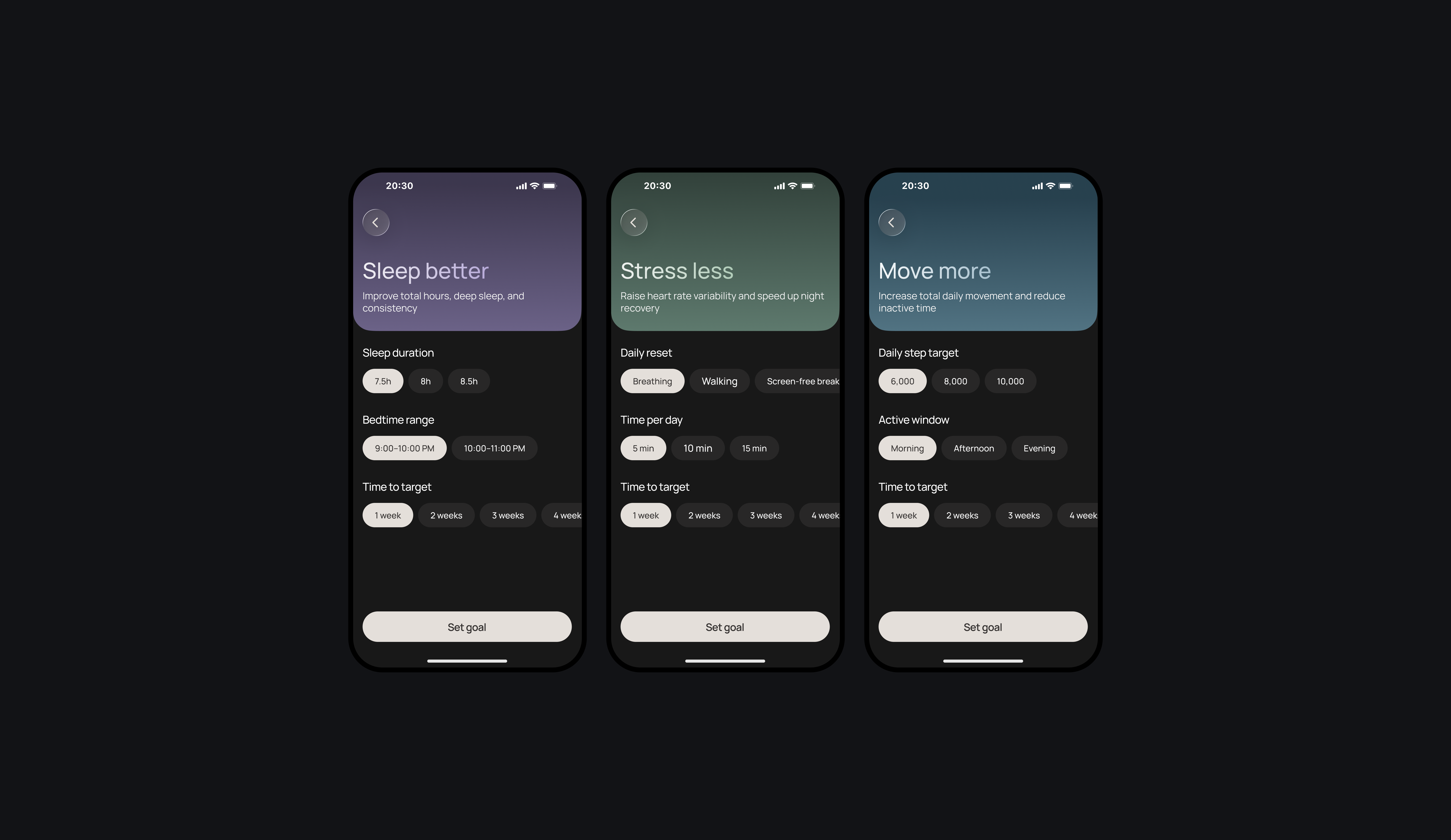 Sleep, stress and activity goal settings