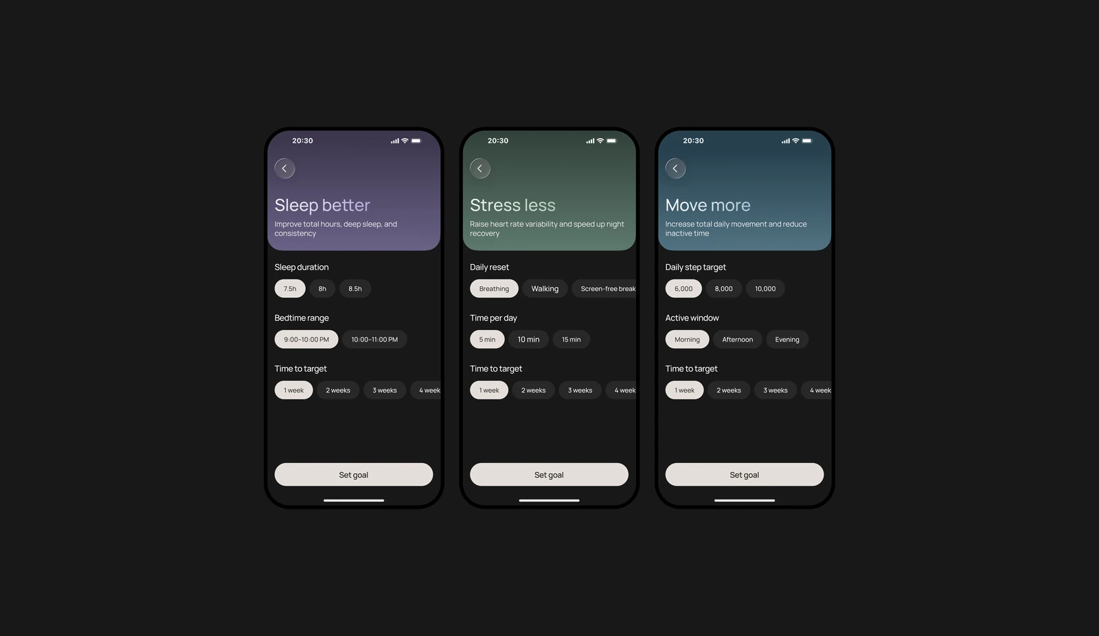 Sleep, stress and activity goal settings
