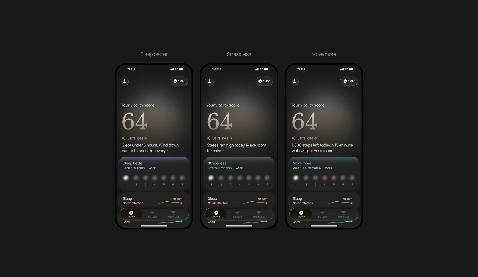 Sleep, stress and activity goals on the home screen